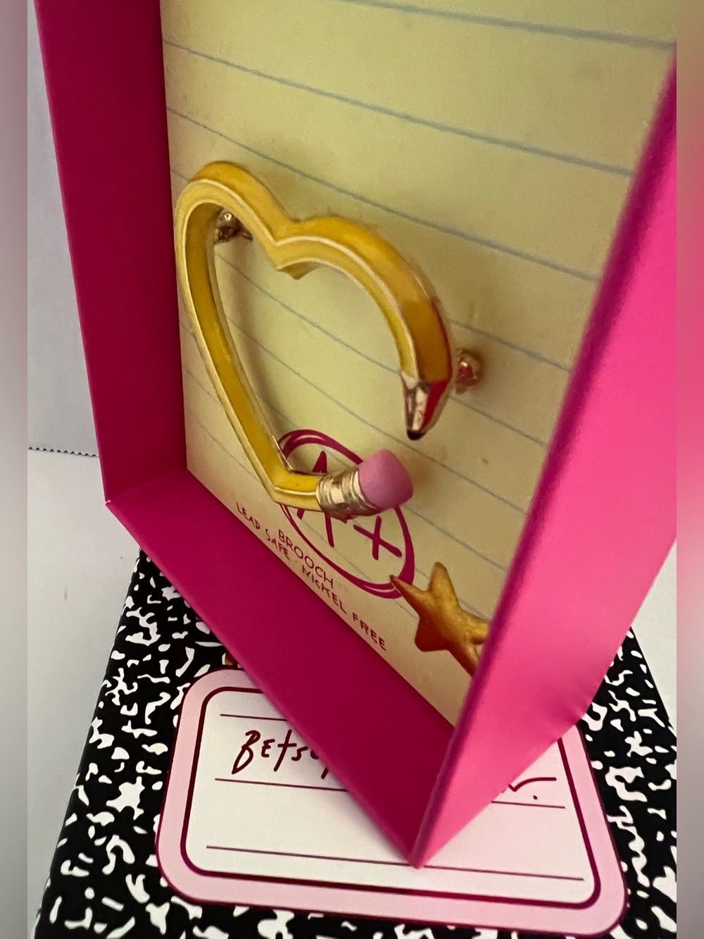 Betsey Johnson Yellow Heart Pencil Pin with Pink Eraser - Picture 10 of 16